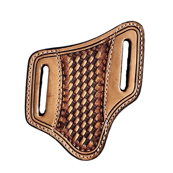 Hand Tooled Basket Weave 4" Tan Leather Knife Sheath Pancake Style - Picture 2 of 5